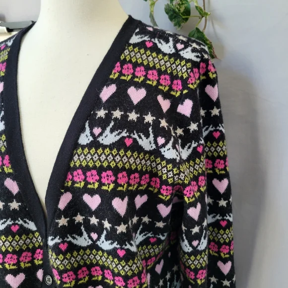 Anthropologie Maeve Hearts Dove Floral Cropped Novelty Cardigan Sweater L - Picture 11 of 14